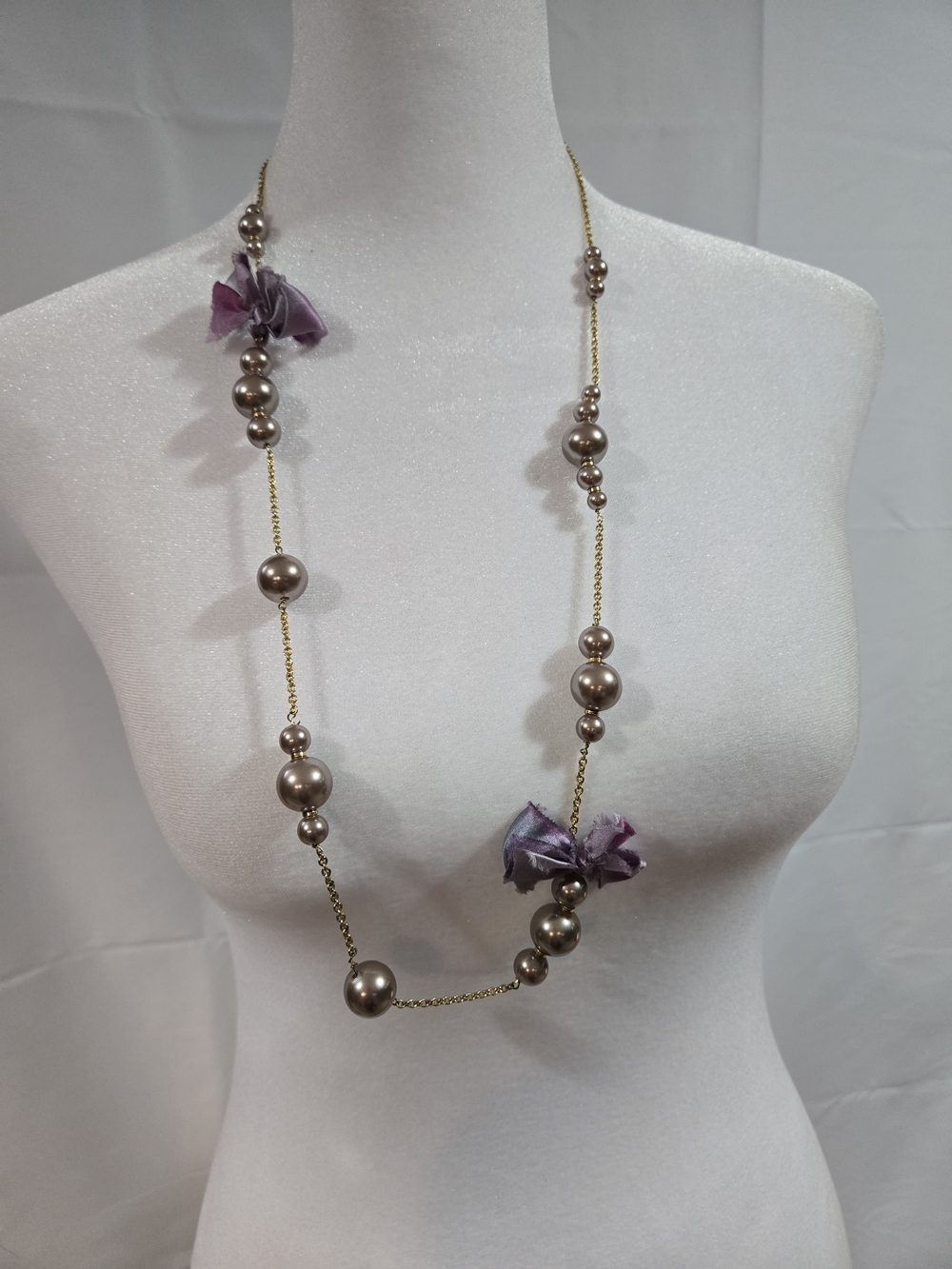 J. Crew Vintage Gold Chain Necklace with Taupe Pearls and Purple Flowers